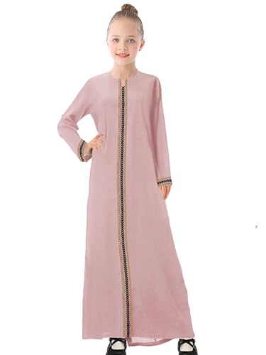 WSPLYSPJY Kids Girls Gold Embroidered Muslim Dress Abaya Long Sleeve Eid Robe Prayer Clothes - color: Light Pink, size: 7-8 Years