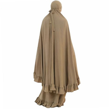 2PCS Women Muslim Prayer Abaya Dress Ruffle Trim Side Pockets with Khimar - color: Khaki, size: Medium