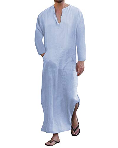 Jacansi Men's 65% Cotton 35% Linen Kaftan Thobe, Long Sleeve Casual Arabic Robe, Loose Long Gown with Pockets - color: Light Blue #1, size: 3X-Large