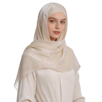 Premium Hijab Head Scarf for Women Lightweight Shimmer Hijab Head Wrap Scarves Crepe Satin Scarf Shawl Wrap - color: Beige