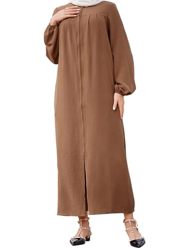 Muslim Dresses for Women One-Piece Long Sleeve Stand Collar Zip Up Islamic Prayer Dress Abaya Kaftan Dubai Dress - color: Brown, size: 4X-Large