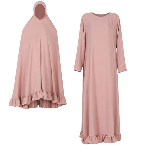 2PCS Abayas for Women Muslim Dress Ruffled Hem Modest Prayer Robe Full Coverage Modest Jilbab Set - color: Pink, size: Large