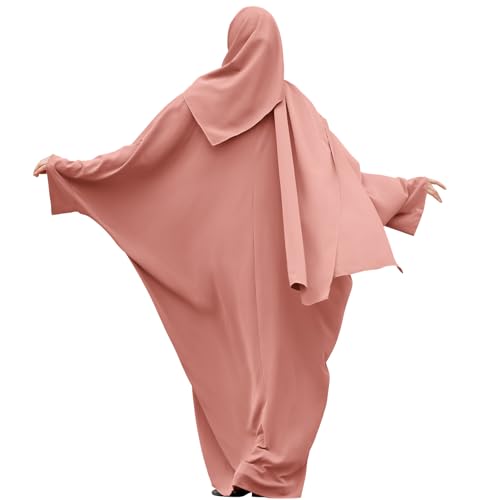 IDOPIP Abayas for Women Muslim Dress with Hijab, One-Piece Long Sleeve Islamic Prayer Dress with Khimar Jilbab Kaftan Clothes - color: Pink + Hijab