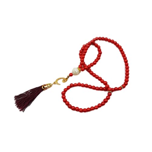 BAYKUL Muslim Prayer Beads 99, Islamic Rosary with Silver Allah Muhammad Engraved Tasbih, Zikr Namaz Worship Ramadan Tesbih Bracelet - color: Red Pearl