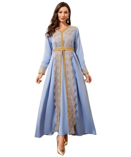 Abaya for Women Floral Embroidered Muslim Dress V-Neck Arabian Maxi Robe - color: Light Blue, size: X-Small