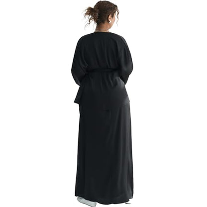 2PCS Muslim Abaya Dress for Women Smooth Satin Prayer Cardigan with Belt - color: Black, size: Medium-Large