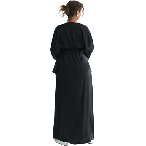 2PCS Muslim Abaya Dress for Women Smooth Satin Prayer Cardigan with Belt - color: Black, size: Medium-Large