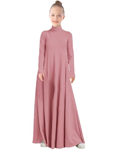 WSPLYSPJY High Neck Kids Girls Abaya Dress Solid Color Muslim Robe Prayer Clothes with Pockets - color: 핑크, size: 13-14세