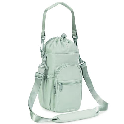 sportsnew 40oz Insulated Crossbody Water Bottle Bag Gym Hiking Phone Pocket | Water-resistant Lining, Padded Strap, Top Handle, Drawstring, Phone Pocket, Elastic Slots, Built-In Key Clip for Gym Walking - color: Sage Green