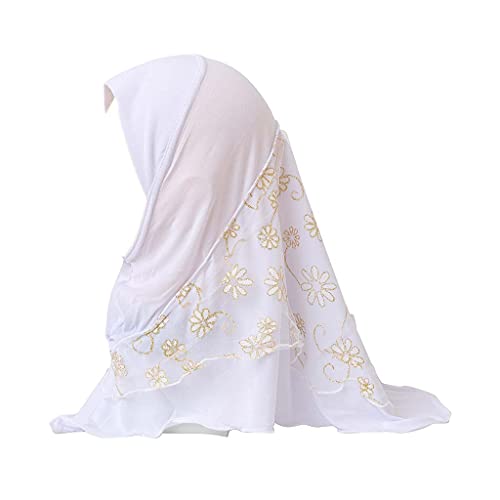 Girls Ice Silk Muslim Khimar Hijab Headscarf Flower Arab Scarf Shawls Neck Wrap Islamic Head Wrap for Age 2-7 Years - color: Style 2-white