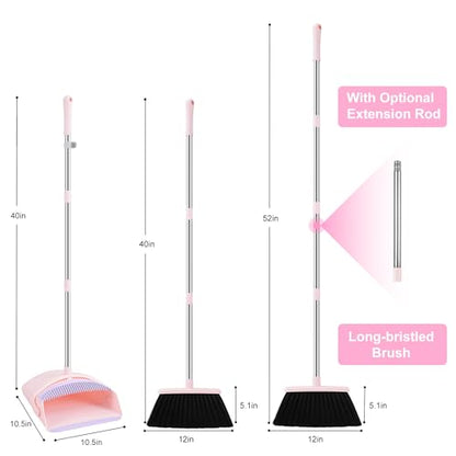 BSKLIN Broom and Dustpan Set, 52” Long Adjustable Handle Broom with Dustpan Combo Set with Dust Pan Teeth to Clean Hair for Home Lobby Office Kitchen (Small-Pink-Purple) - size: Small-pink-purple