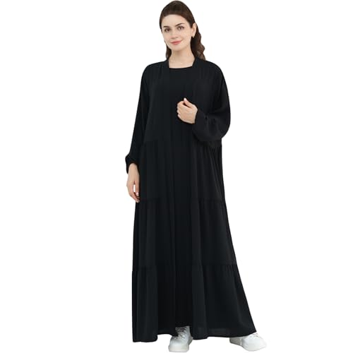 Women Muslim Abaya Dress 2PCS Soft Flowing Cardigan Dress Set Islamic Dubai Modest Kaftan Prayer Robe - color: Black, size: Medium