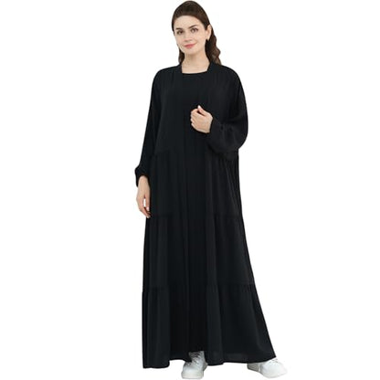 Women Muslim Abaya Dress 2PCS Soft Flowing Cardigan Dress Set Islamic Dubai Modest Kaftan Prayer Robe - color: Black, size: Medium