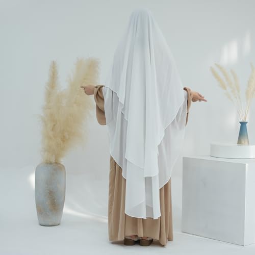 SYANKANGXIAO Ramadan Eid Khimar Abaya Turkey Islam Muslim Chiffon 2 Layers Long Hijab Dress Prayer for Women Full Cover Robe - color: White