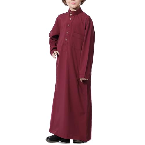 Arabic Thobe For Muslim Boys Robes Long Sleeve Kaftan With Pockets Solid Color Middle East Abayas Dubai Clothing 3-14T - color: Wine, size: 5-6 Years