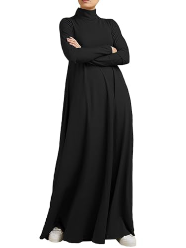 WSPLYSPJY Women Girls High Neck Long Sleeve Abaya Muslim Dress Solid Color Prayer Clothes Islamic Robe - color: Black, size: XX-Large
