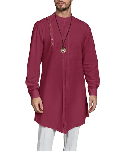 Gafeng Mens Kaftan Thobe Long Sleeve Robe Gown Casual Cotton Linen Button Muslim Shirt - color: Wine Red, size: Medium