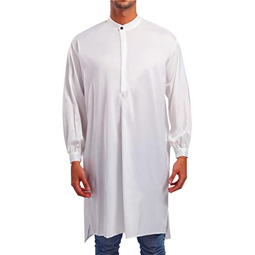 Men Islamic Caftan Thobe Side Split Breathable Prayer Clothes Saudi Arabic for Eid Home Casual Wear - color: White, size: XX-Large