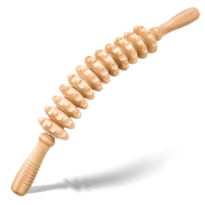 Wooden Cellulite Massage Roller for Legs and Thighs - Handheld Fascia Blaster Tool for Muscle Relief, Lymphatic Drainage & Body Sculpting - Anti Cellulite Massager for Women and Men (12 Wheel) - color: Wooden Bend