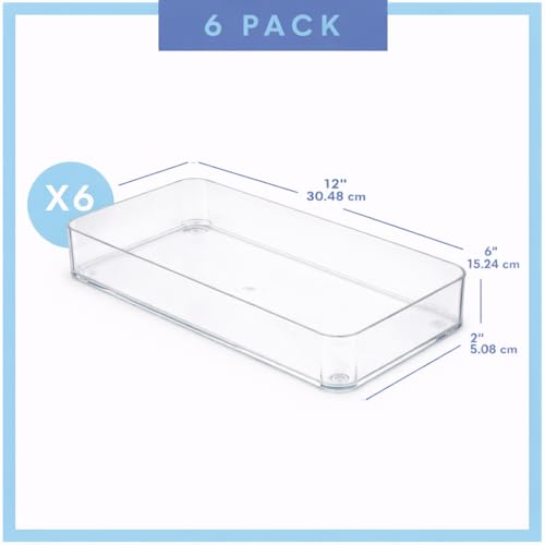 primebox Plastic Clear Acrylic Drawer Organizers. Bathroom, Kitchen, Bedroom, Utensils, Office Organizer Bins, Storage Trays. Heavy Duty, Stackable. 12" x 6" x 2" Set of 6 - size: 12" x 6" x 2"