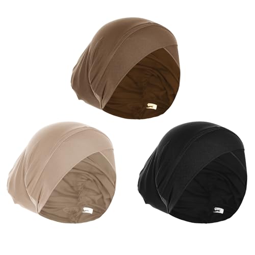 3Pcs Hijab Underscarf Hat Muslim Inner Hijab Cap Hijab Bonnet Muslim Undercap Hat Turbans Islamic Jersey Tube Cap, Black+khaki+beige