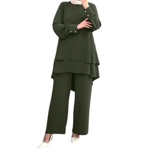 Muslim Casual 2 Piece Set For Women Long Sleeve Loose Top Wide Leg Pants Suit Plus Size Outfit Prayer Clothes - color: 1-green, size: Large