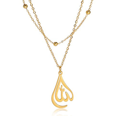 UNIFT Islamic Muslim Allah Layered Necklaces For Women Stainless Steel Charm Water Drop Heart Shape Allah Pendant Double Layer Necklace Islamic Jewelry - color: gold