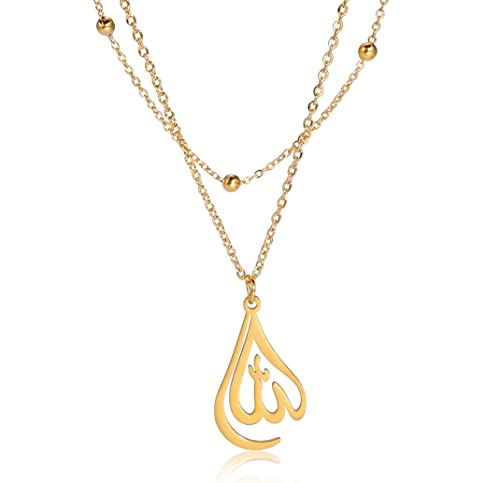 UNIFT Islamic Muslim Allah Layered Necklaces For Women Stainless Steel Charm Water Drop Heart Shape Allah Pendant Double Layer Necklace Islamic Jewelry - color: gold