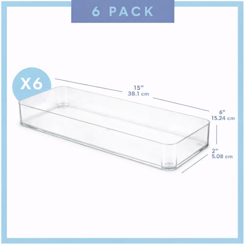 primebox Plastic Clear Acrylic Drawer Organizers. Bathroom, Kitchen, Bedroom, Utensils, Office Organizer Bins, Storage Trays. Heavy Duty, Stackable. 15" x 6" x 2" Set of 6 - size: 15" x 6" x 2"