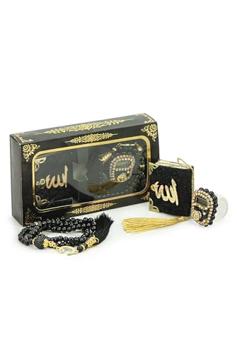 ihvan online Mini Velvet Quran Set with Islamic Finger Counter, Portable Digital Tasbeeh, Muslim Prayer Beads, Pearl Zikirmatic Beads, 3 Pieces Gift Set for Mevlüt (Black Box) - color: Black Box