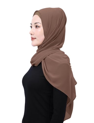 Matched Hijab and Undercap Set, Chiffon Muslim Head Scarf for Women, A Perfectly Decent Combination - color: Deep Brown