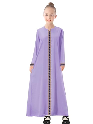 WSPLYSPJY Kids Girls Gold Embroidered Muslim Dress Abaya Long Sleeve Eid Robe Prayer Clothes - color: Light Purple, size: 7-8 Years