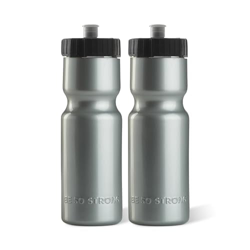 50 Strong Sports Water Bottles – Reusable 22 oz BPA-Free Plastic Bottles with Pull Top Cap – Made in USA – Top Rack Dishwasher Safe – Fits Most Bike Cages Brand - color: Silver, style: 2 Pack