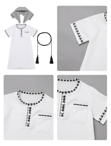 IDOPIP Muslim Baby Boys Ramadan Eid Outfit Kaftan Thobe Arabic Islamic Abaya Dubai Robe Prayer Clothes with Head Scarf + Rope - color: White, size: 12-24 Months