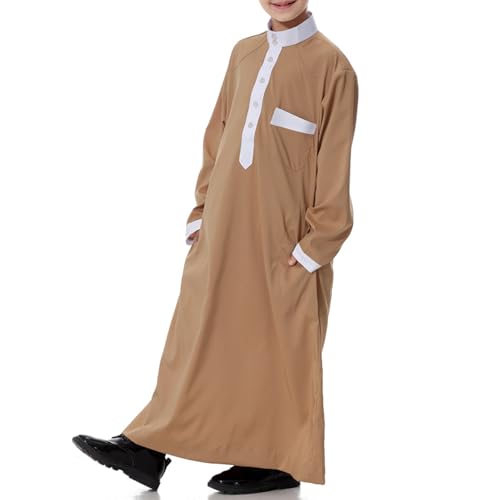 Arabic Thobe for Muslim Boys Eid Outfit Long Sleeve Kaftan Kids Prayer Dress Boys Muslim Thobe Ramadan Islamic Clothing - color: Brown, size: 11-12 Years