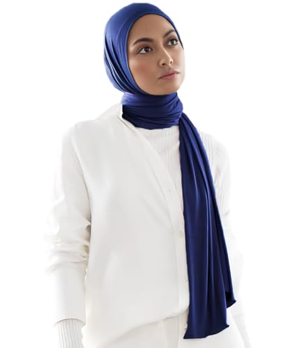 Harewom Muslim Hijab for Women Soft Stretch Headscarf Large Plain Turban Wrap Shawl Head Wrap for Everyday Wear - color: Deep Blue Hijab Headscarf