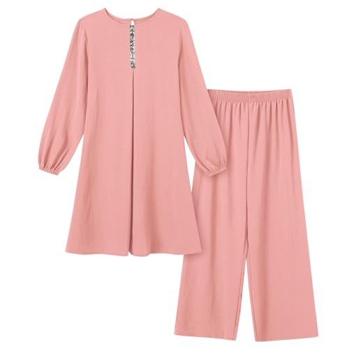 Abayas Dress For Women Muslim Long Sleeve Loose Top Pants 2 Pcs Dubai Islamic Muslim Women Matching Sets - color: Pink B, size: XX-Large