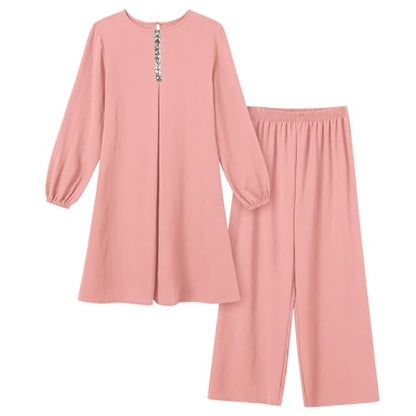 Abayas Dress For Women Muslim Long Sleeve Loose Top Pants 2 Pcs Dubai Islamic Muslim Women Matching Sets - color: Pink B, size: XX-Large