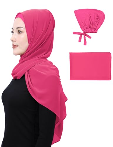 Matched Hijab and Undercap Set, Chiffon Muslim Head Scarf for Women, A Perfectly Decent Combination - color: Rose Red
