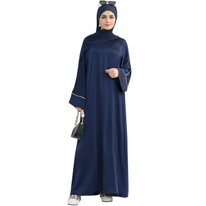 Muslim Praying Dress for Women Silk Glossy Back Zipper Robe Wear Gold Trim Modest Abaya Dress with Hijab - color: Navy, size: X-Large
