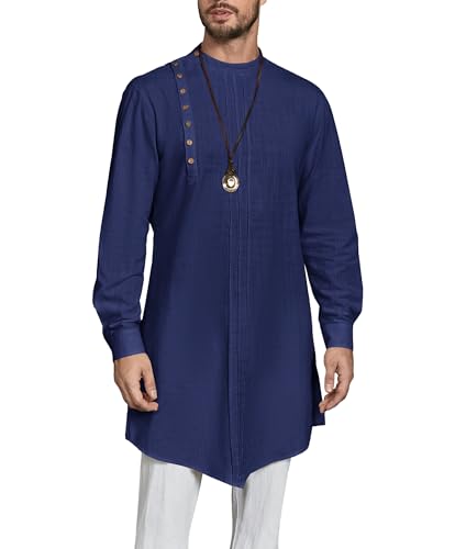 Gafeng Mens Kaftan Thobe Long Sleeve Robe Gown Casual Cotton Linen Button Muslim Shirt - color: Navy, size: X-Large