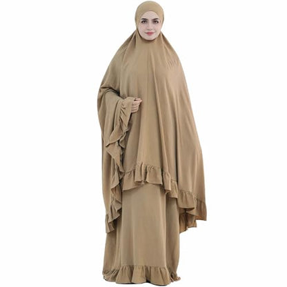 2PCS Women Muslim Prayer Abaya Dress Ruffle Trim Side Pockets with Khimar - color: Khaki, size: Large