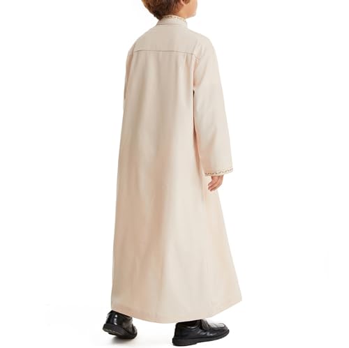 Muslim Thobe for Boys Islamic Thobe Long Sleeve Kaftan Stand Collar Button 𝐑obe Kids Ramadan Eid Outfit Prayer Clothes - color: Beige, size: 13-14 Years