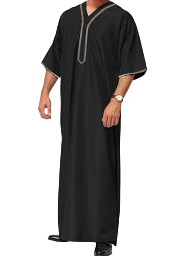OMZIN Men's Middle East Beach Robe Summer V Neck Straight Thobe Traditional Plain Color Soft Kaftan - color: Blk, size: Small
