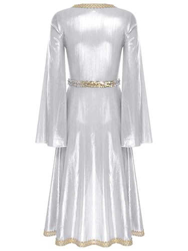 Women Muslim Abaya Dress Long Sleeve High Waist Embroidery Sparkly Caftan Islamic Evening Gown - color: Silver, size: Large