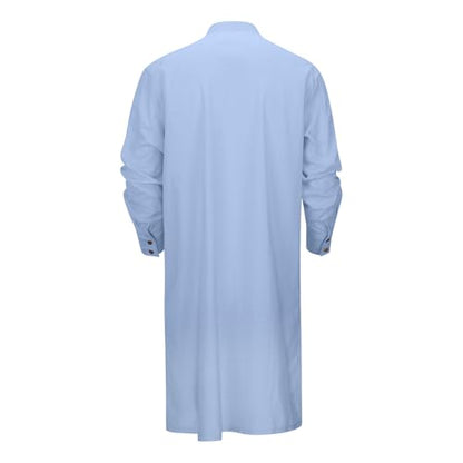 Men's Long Sleeve Stand Collar Kaftan Thobe Button Down Henley Robe Casual Side Slit Front Pleated Gown Shirt Tops - color: Light Blue, size: 3X-Large