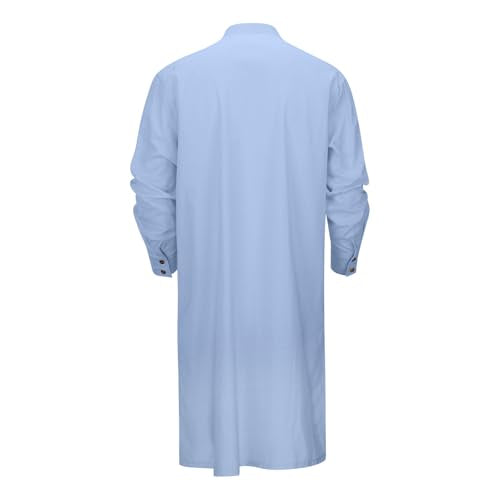 Men's Long Sleeve Stand Collar Kaftan Thobe Button Down Henley Robe Casual Side Slit Front Pleated Gown Shirt Tops - color: Light Blue, size: Medium