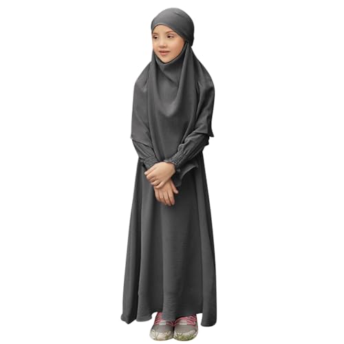 IDOPIP Muslim Dress for Girls Islamic Prayer Abaya Smocked Long Sleeve Kaftan Robe Dresses with Hijab Ramadan Dubai Outfits - color: Gray, size: 7-8 Years