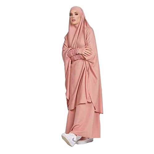Women Muslim 2 Set Solid Color Plus Long Sleeve Thobe One-size Longuette Overall Abaya Thobe with Hoodied Hijab - color: Pink