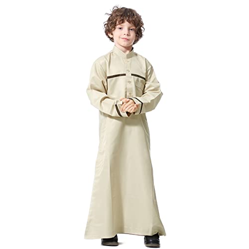 ODIZLI Arabic Thobe Muslim Thobe Long Sleeve Kaftan Crew Collar Robe with Zipper for Boy Solid Color/Embroidery/Stripe Print - color: Beige C, size: 4-5 Years